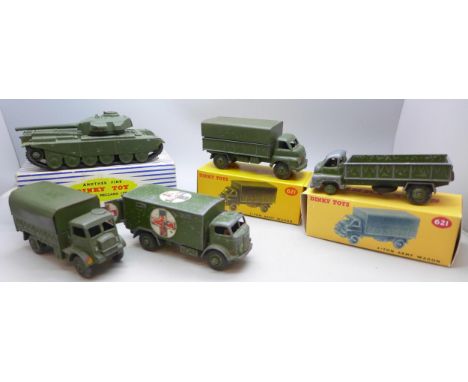 A Dinky Supertoys 651 Centurian Tank, in original box, two 621 Army Wagon in reproduction boxes and two other Dinky Military 