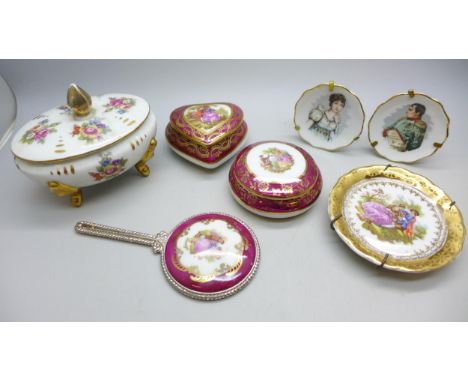 A collection of miniature Limoges, comprising display plate, two portrait plates, lidded pots and handheld mirror
