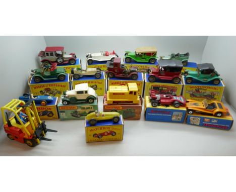 A collection of model vehicles, fifteen Matchbox and one Dinky Toys forklift truck, boxed