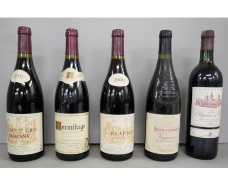 Five bottles of red wine to include; Beaune 2000, Domaine des Lambertins 1998, Hermitage, Volnay 1er Cru Champans, and Les Pa
