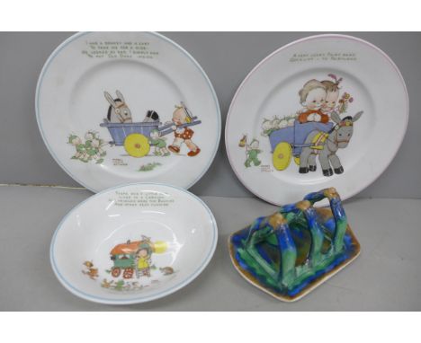 A Shelley Art Deco dripware toast rack and three Shelley Mabel Lucie Attwell plates 