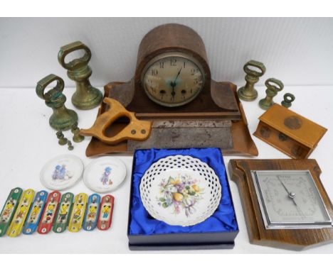 A collection of metalware, a mantle clock, a saw, brass weight, candle sticks, a Machlin ware box, etc. **PLEASE NOTE THIS LO