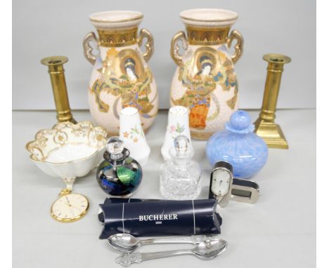 A pair of oriental vases, Noritake bowl, brass candlesticks, three glass perfume/scent bottles, pair of Rolex Bucherer of Swi