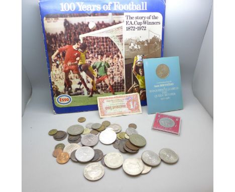 An Esso 100 Years of Football coin set, 1972, commemorative crowns, an Armed Forces One Shilling note, other coins including 