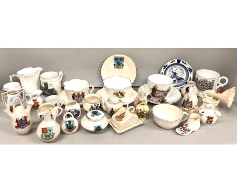 A collection of crested china, butter dish, teapot, vases, together with Wedgwood Jasperware, Adams Tunstall sugar bowl, two 