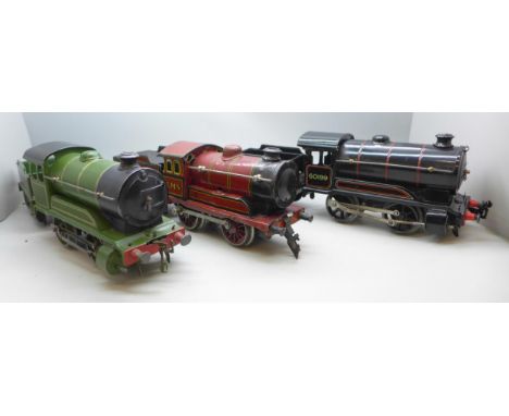 Three O gauge model railway locomotives with tenders, two Hornby and one German made Bing