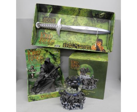 Lord of The Rings film collectables, 2001, Light 'n' Sound sting sword, boxed, Ringwraith water globe, boxed, Ringwraith mone