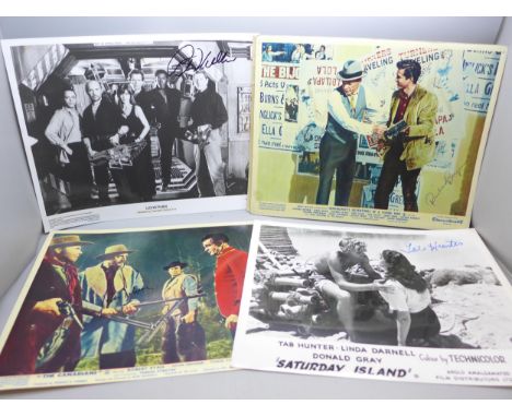 Five autographed film still, Robert Ryan, Tab Hunter, Richard Beymer, George Sanders, Peter Weller, (5)