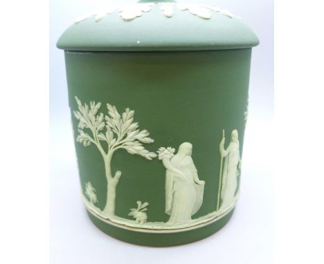 A Wedgwood Jasperware lidded jar in green with acorn detail 