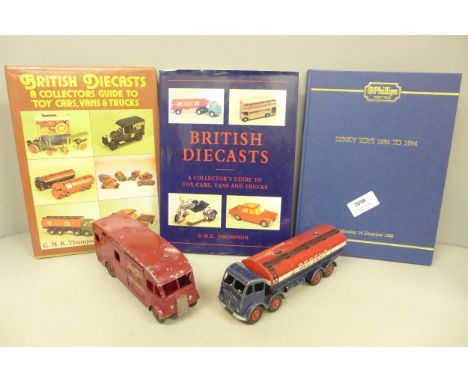 A Dinky Supertoys Foden ‘Regent’ tanker and a Dinky Supertoys horse box, two Dinky books and a 1988 Dinky Toys auction catalo