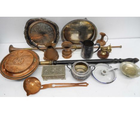 A box of metalware including silver plate and copper items. Comprising of a bedpan, jugs, trays, candlesticks and more.  **PL