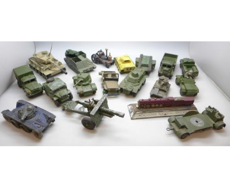 A collection of model military vehicles including Dinky Toys 80A Panhard, other Dinky, etc., and a 1924 British Empire Exhibi