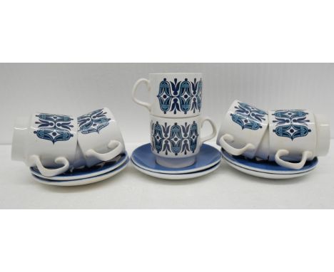 A collection of six Staffordshire potteries retro design cups and saucers comprising of six cups and six saucers. 