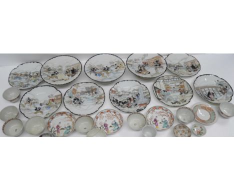 A collection of oriental porcelain to include a collection of small tea bowls, various designs; a blue and white plate a/f an