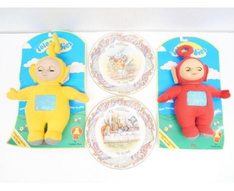 Two Aynsley Alice's Adventures in Wonderland plates, The White Rabbit and The Tea Party, together with two Teletubbies toys