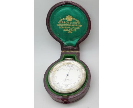A Gibson Ltd., Belfast double sided combination pocket barometer/compass and thermometer, marked ‘English make’, cased, case 