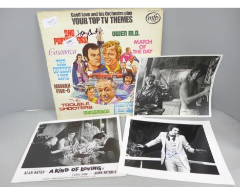 An autographed TV Themes record, Tony Curtis and Peter Wyngarde (Jason King) and three signed film stills/promotion pictures,