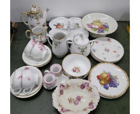 Four Meissen stamped cups and saucers (a/f), a three piece Nippon tea service (teapot, sugar bowl and milk jug), a comport ma