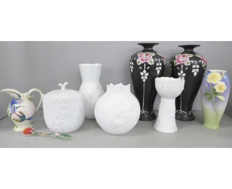 A collection of vases including two Shelley, four pieces of Kaiser, two vases, candlestick and ginger jar together with Franz