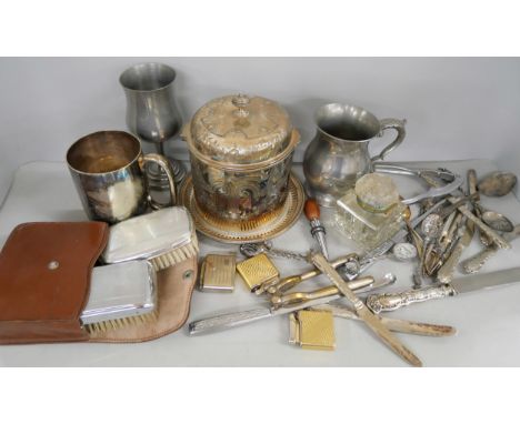 A collection of silver plated flatware together with pewter mug and goblet, chrome brush set in leather case, a Victorian sil
