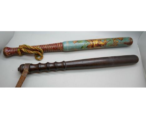 A painted Victorian truncheon and one other truncheon 
