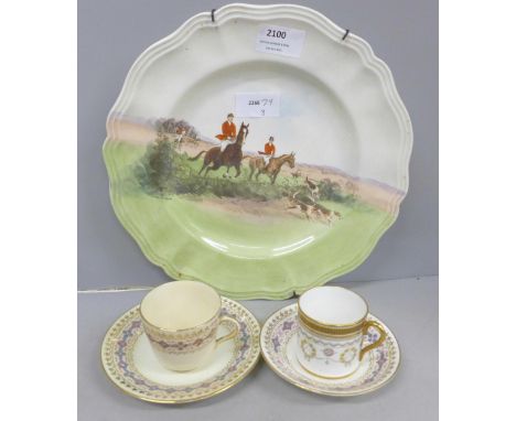 A Royal Doulton In The Vale hunting plate, a china trio and a coffee can