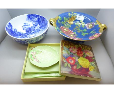 A Shelley blue and white bowl, a Maling Lustre centrepiece bowl with gilt floral design and a boxed Carlton ware dish and sma