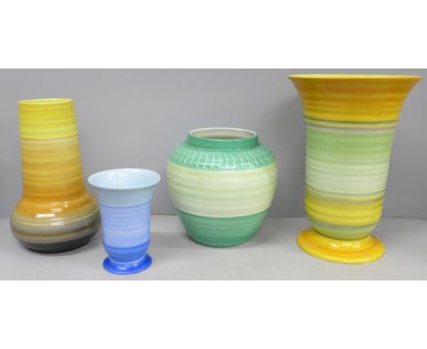 A collection of four Shelley vases with varying colour palettes, largest 23cm and with chip to the base  **PLEASE NOTE THIS L