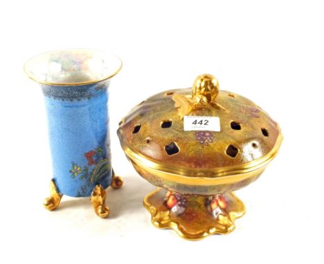 A Carltonware cylindrical Chinoserie decorated vase (hairline crack) and a Staffordshire fruit decorated pot pourri, signed 