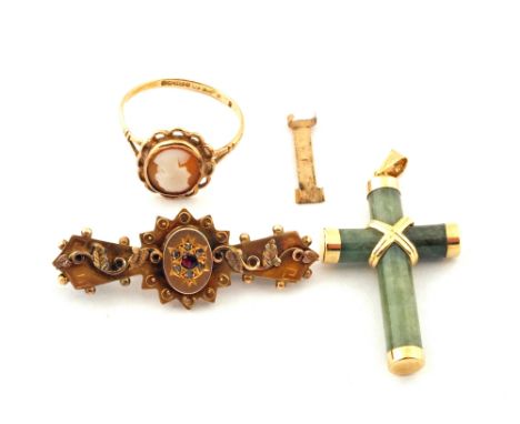 A 9ct Gold bar brooch, cameo ring and a 14ct Gold and Jade cross pendant
