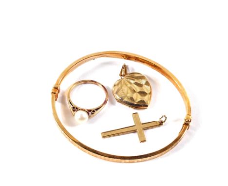 A 9ct Gold bangle, a 9ct Gold cross, a 9ct Gold heart locket and a Gold Pearl set ring