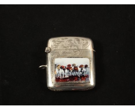 An engraved vesta with applied enamel hunting decoration, Birmingham 1919
