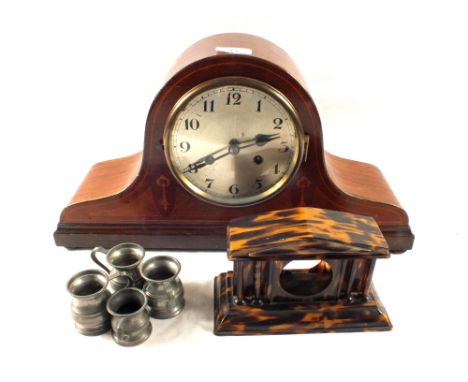 An Edwardian inlaid Mahogany striking mantel clock and other items
