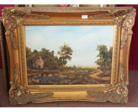 An oil on canvas, still life and one other and a marine scene print