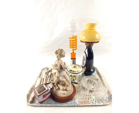 A pottery oil lamp, lava lamp, china, glass and Silver plate