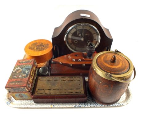 An Oak striking mantel clock, Brass crib board and other items
