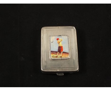 An engine turned match case with applied enamel golfing decoration, Birmingham 1933