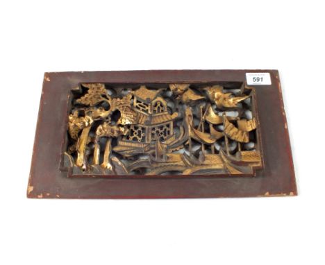 A Chinese carved wood and parcel gilt panel pagoda, junk and bird decoration, 8" x 14"