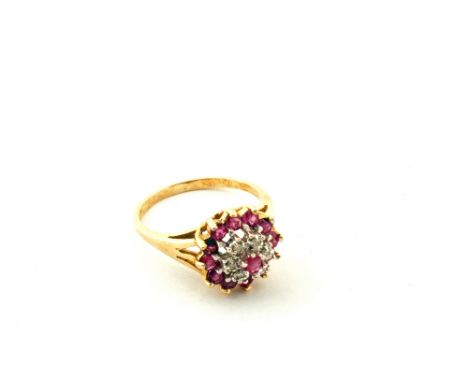 A yellow metal, Diamond and pink stone cluster ring, size M