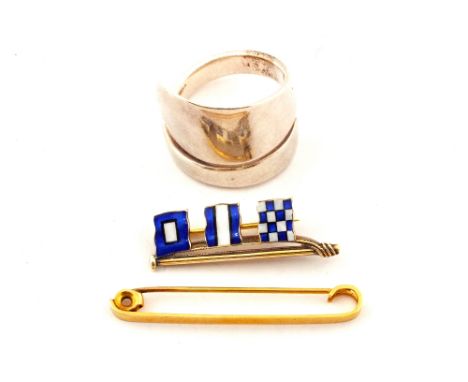 A 9ct Gold bar brooch, a Silver ring and a Silver and enamel semaphore brooch