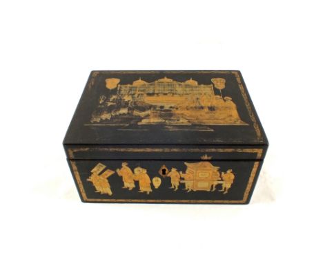 A Chinese export black lacquer tea caddy with gilt figure decoration and Pewter interior
