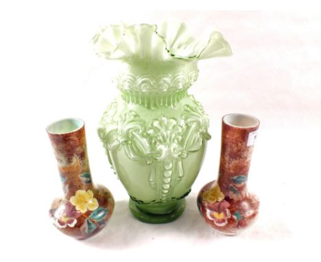 A pair of Victorian opal glass vases and one other