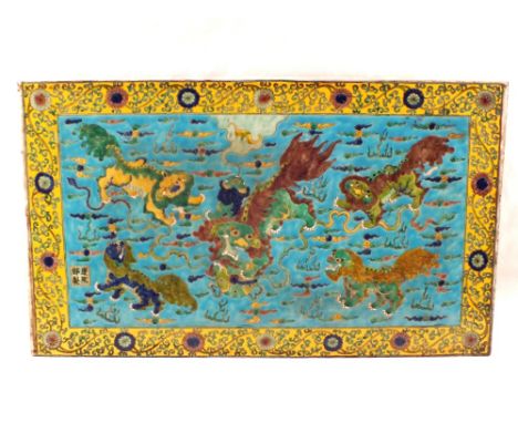 A Chinese yellow and turquoise ground panel painted with Kylins in different liveries, 4 character mark, 16" x 28"