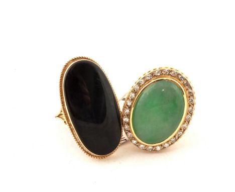 A 9ct Gold and Black Onyx cocktail ring and a Gold, Jade and diamond set ring