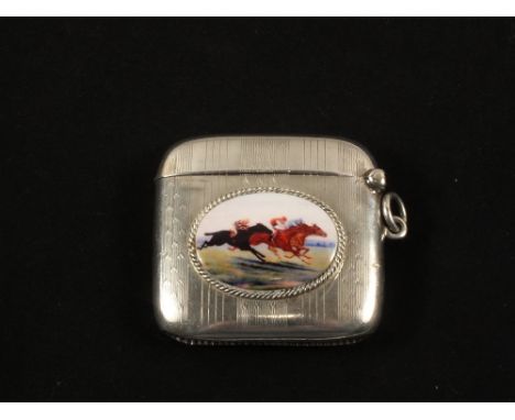 A Silver engine turned vesta with applied enamel hunting decoration, Birmingham