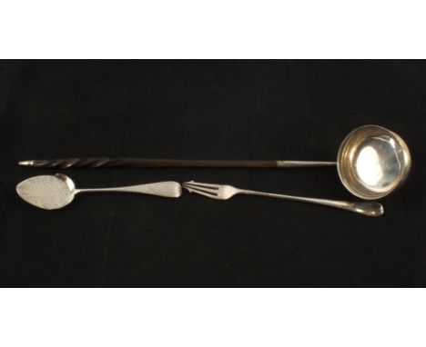 A Silver pickle fork, Birmingham 1899, a Silver cake server, London 1888 and a horn and Silver punch ladle