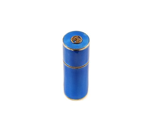 An Asprey's Silver and blue guilloche enamel cylinder lidded box, London 1911
