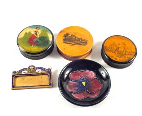 A Moorcroft dish, various snuffboxes depicting a lady, Dover Castle and harvesting and a Rotary Club Ipswich enamel name badg