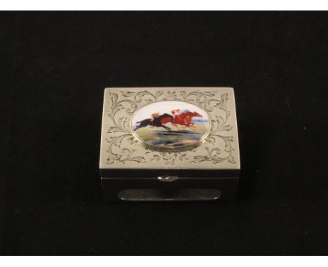 A Sterling Silver enamelled lidded match holder with applied enamel hunting decoration