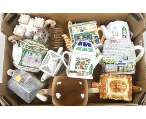 A Selection of Novelty Teapots to include Rover's Return Coronation Street, Florist Shop from the Village Collection, The Que